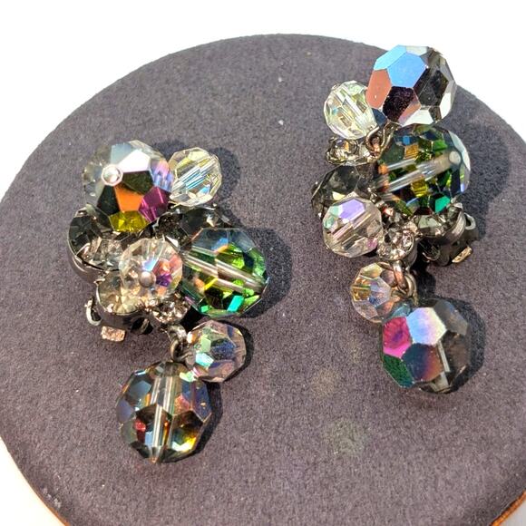 Vintage D & E Juliana Unmarked AB Crystal & Rhinestone Clip On Cha Cha Earrings - Picture 1 of 5